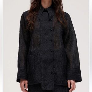 GANNI Jacquard Organza Wide Placket Shirt in Black